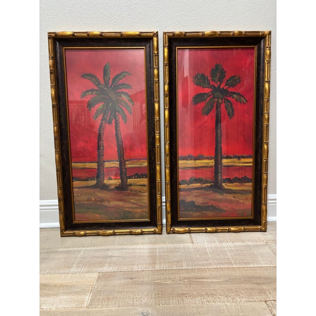 Vintage Pair of Large Tropical Palm Tree Prints in Faux Bamboo Gold Frames For Sale - Image 11 of 16