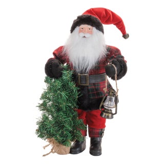 Plaid Santa Figurine with Tree and Lantern For Sale