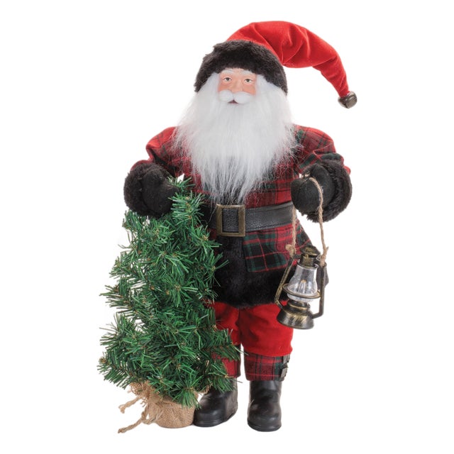Plaid Santa Figurine with Tree and Lantern For Sale