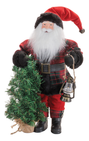 Plaid Santa Figurine with Tree and Lantern