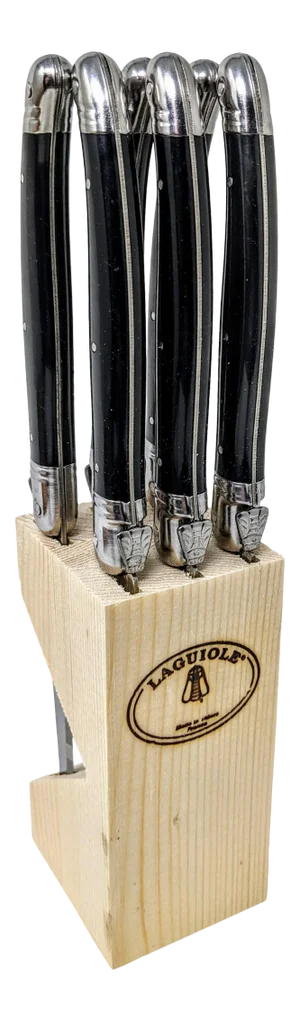 French Modern Jean Dubost Laguiole Handmade Stainless Steel and Ebony Black Resin Steak Knives - Set of 6