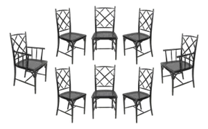 Set of Eight Mid 20th Century Hollywood Regency Black Lacquered Rattan/Faux Bamboo Dining Chairs in the Manner of Maison Jansen, France