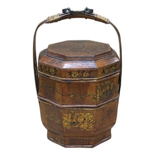 Vintage Oriental Octagonal Golden Graphic Stack Wedding Basket Display For Sale
