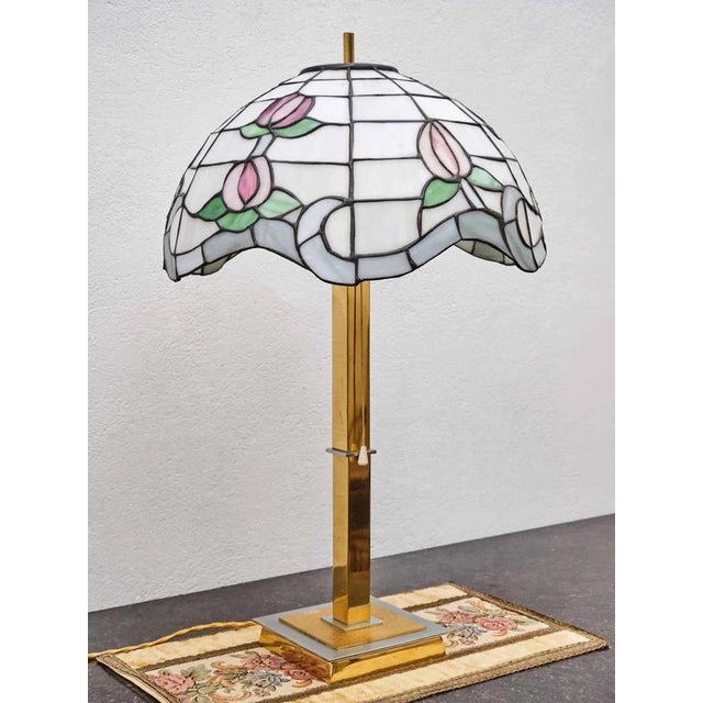 Brown Vintage Brass Lamp with Tiffany Shade For Sale - Image 8 of 8