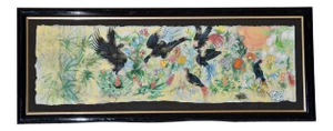 Garden Birds Motif Mixed Media Paper Bamboo Painting Wall Decor Framed