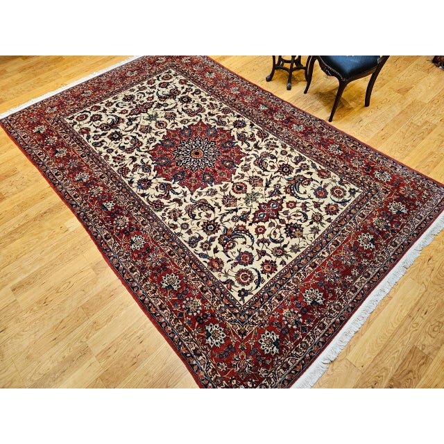 Vintage Persian Isfahan Rug, Hand-Knotted Wool, Floral Pattern, Ivory & Red, 7x11 For Sale In Chicago - Image 6 of 18
