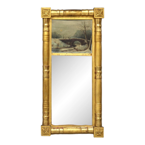 Antique American Empire Giltwood Wall Mirror & Oil on Board Landscape Painting