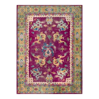 1920s Deep Field Red 9 Dragon Design Traditional Antique Chinese Art Deco Rug For Sale