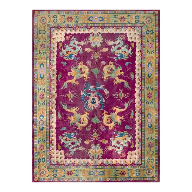 1920s Deep Field Red 9 Dragon Design Traditional Antique Chinese Art Deco Rug For Sale