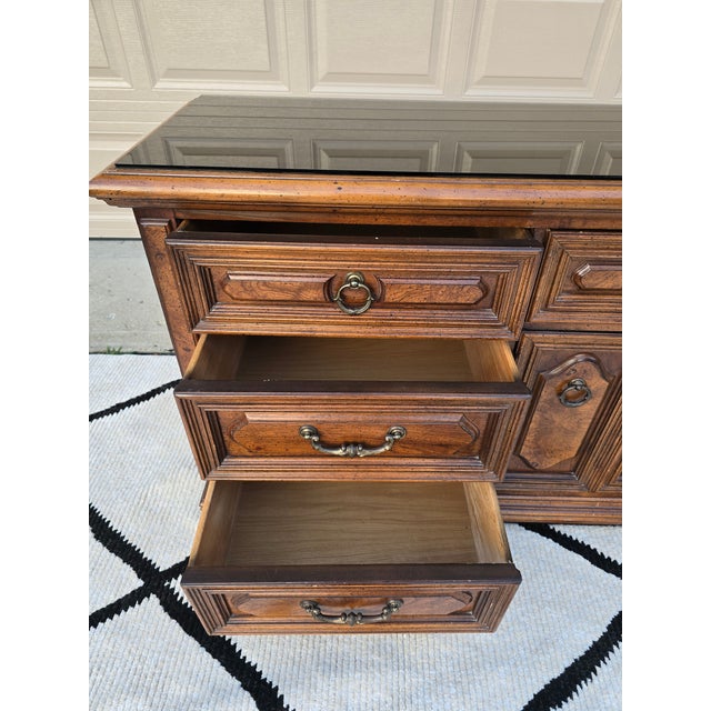 Vintage Traditional Solid Wood 9-Drawer Dresser / Credenza With Glass Top For Sale In Indianapolis - Image 6 of 13