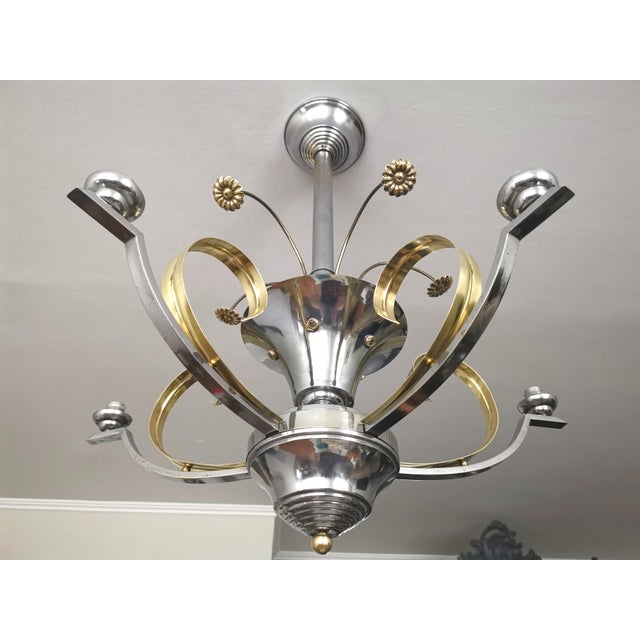 Metal French Art Deco Chandelier in Chrome, Brass and Frosted Glass, 1930s For Sale - Image 7 of 11