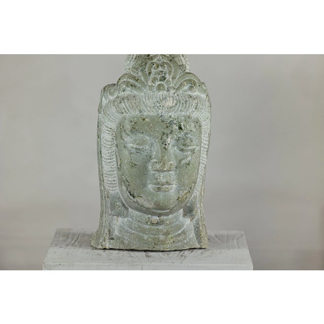 Light Gray Hand-Carved Vintage Chinese Stone Quán Yīn Head Sculpture with Natural Patina For Sale - Image 8 of 12
