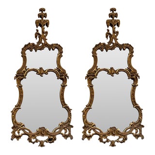 Early 20th-C. Chippendale Style Carved Giltwood Mirrors With Palms - Pair For Sale