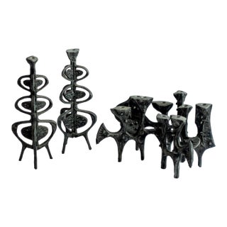 Title: Donald Drumm Brutalist Candelabra and Candlestick Set, Cast Aluminum For Sale