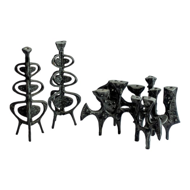 Title: Donald Drumm Brutalist Candelabra and Candlestick Set, Cast Aluminum For Sale