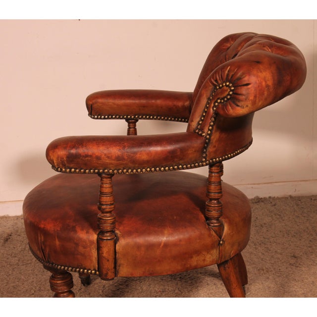 Small Vintage Armchair in English Cognac Mahogany and Leather, 1800s For Sale - Image 10 of 15