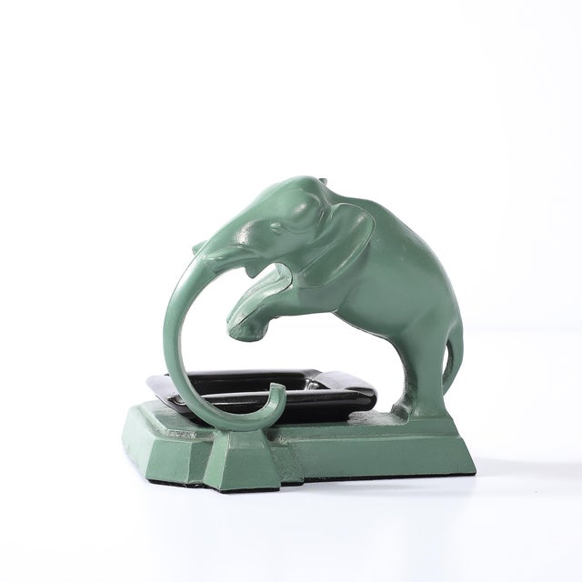 Art Deco Green Enamel & Black Ceramic Sculptural Elephant Ash Tray Signed Nuart For Sale - Image 4 of 13