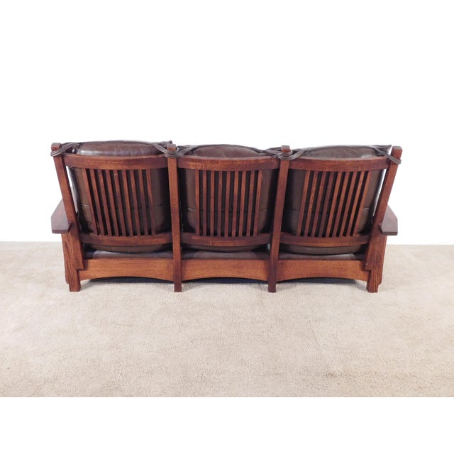 Vintage Antique Style Mission Prairie Arts & Crafts Dark Oak Scallop Back Sofa For Sale - Image 13 of 16