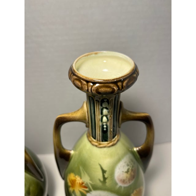 Art Nouveau A Pair of Antique Art Nouveau Hand-Painted Ceramic Vases Dandelion Motif 12"h For Sale - Image 3 of 8