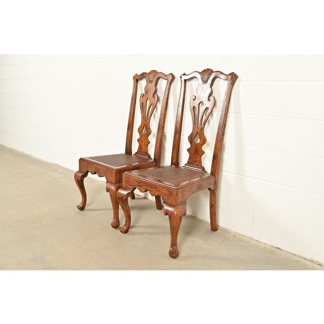 English Henredon Georgian Carved Oak and Cane Side Chairs or Dining Chairs, Pair For Sale - Image 3 of 15