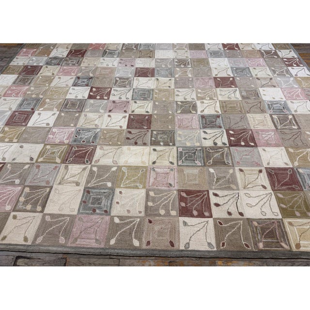 1980s 1980s Rustic Field Geometric Folk Art Vintage American Hooked Room Size Wool Rug For Sale - Image 5 of 6