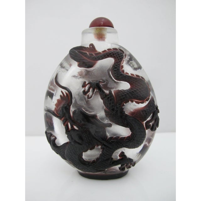 Glass Large Chinese Peking Glass Red Dragon Overlay Snuff Bottle For Sale - Image 7 of 11