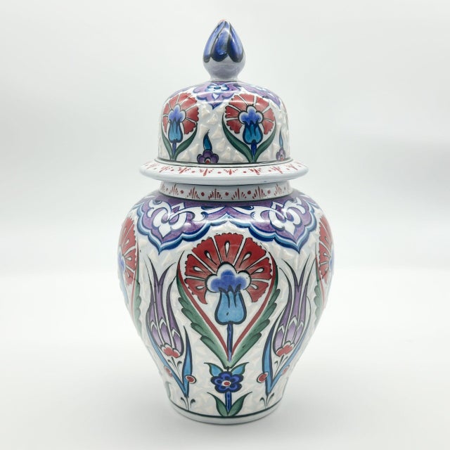Ceramic Handmade Ceramic “Kupecik” Ginger Jar (20cm) – Textured Relief with Red Carnations & Purple Tulips For Sale - Image 7 of 8