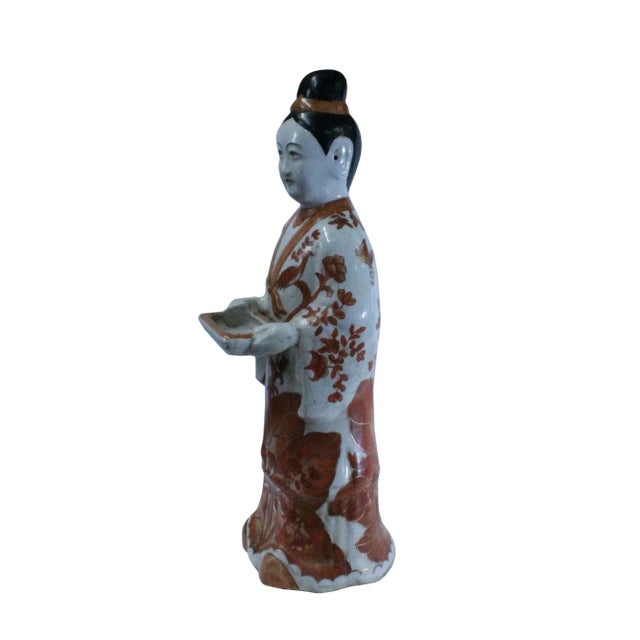 Chinoiserie Oriental Vintage Ceramic Standing Lady Holding Dish Figure For Sale - Image 3 of 7