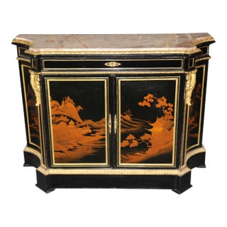 19th C. Ebonized Chinoiserie and Bronze Ormolu Mounted Marble Top Cabinet For Sale