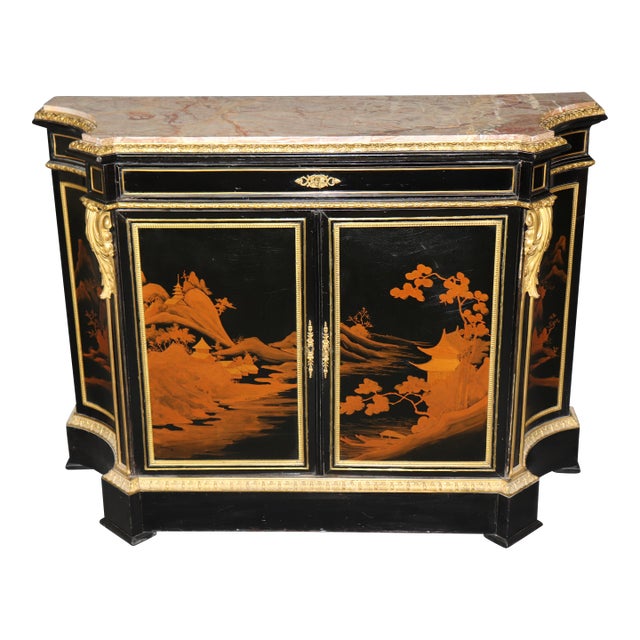 19th C. Ebonized Chinoiserie and Bronze Ormolu Mounted Marble Top Cabinet For Sale