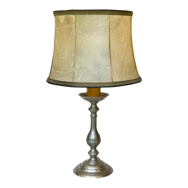 Mid 20th Century Pewter Candlestick Lamp With Original French Shade For Sale