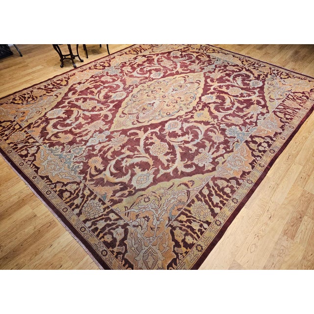 19th Century Handwoven Amritsar Rug, Handwoven Wool, Mughal Design, Burgundy & Tan, 12' X 14' For Sale - Image 10 of 18