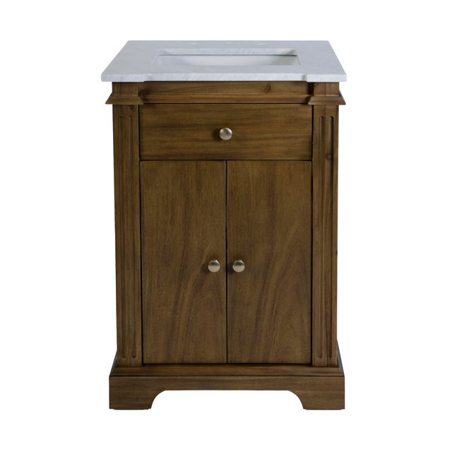 2020s Rachelle 24 in. W Rectangular Wood & Marble Bathroom Vanity with Storage, Brown For Sale - Image 5 of 11