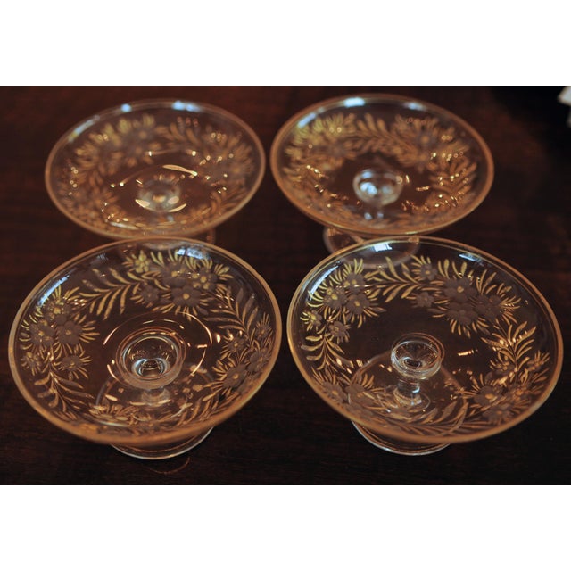 Etched Glass and Enamel Footed Butter Pats Set 2 Set of 2 2" tall x 4" diameter each
