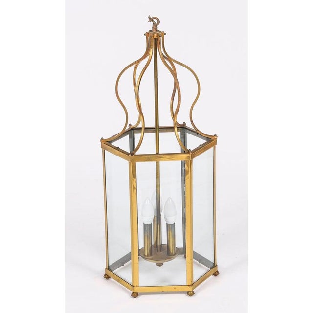 Antique French Brass Hexagonal Hall Three Light Lanterns, 1900s, Set of 2 For Sale - Image 3 of 13