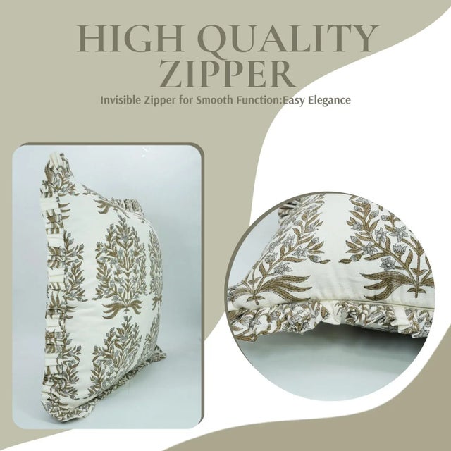 Art Deco Fabdivine Elegant Block Printed Frill Cushion Cover 14x36 Inch Thick Cotton White- Vrindavan For Sale - Image 3 of 5