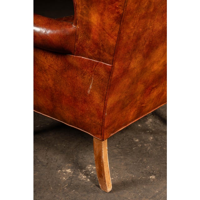 Mid 20th Century Tufted Leather Wingback Armchair in Burnt Amber For Sale - Image 10 of 17