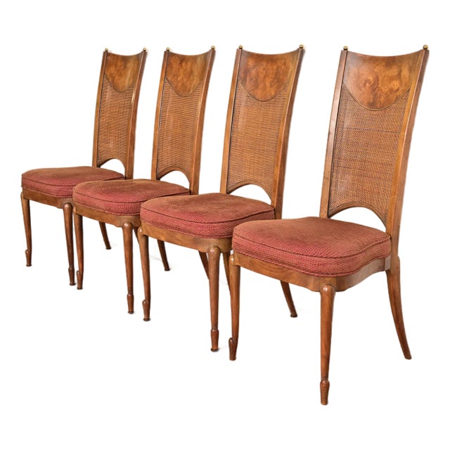 William Doezema for Mastercraft Mid-Century Modern Hollywood Regency Burl Wood and Cane Back Dining Chairs, Set of Four For Sale