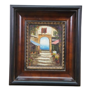 Late 20th Century Timeless Treasures Mediterranean Courtyard Terrace Seascape Oil Painting 18" For Sale