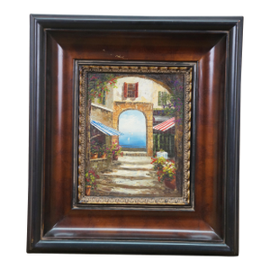 Late 20th Century Timeless Treasures Mediterranean Courtyard Terrace Seascape Oil Painting 18"