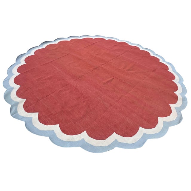Textile Handmade Cotton Round Scalloped Rug, Terracotta, Cream and Light Blue Round Dhurrie-9' Round For Sale - Image 7 of 13