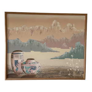 Mid 20th Century Vintage Southwestern Style Landscape and Pottery Painting by American Artist Frank Ferrante, Framed
