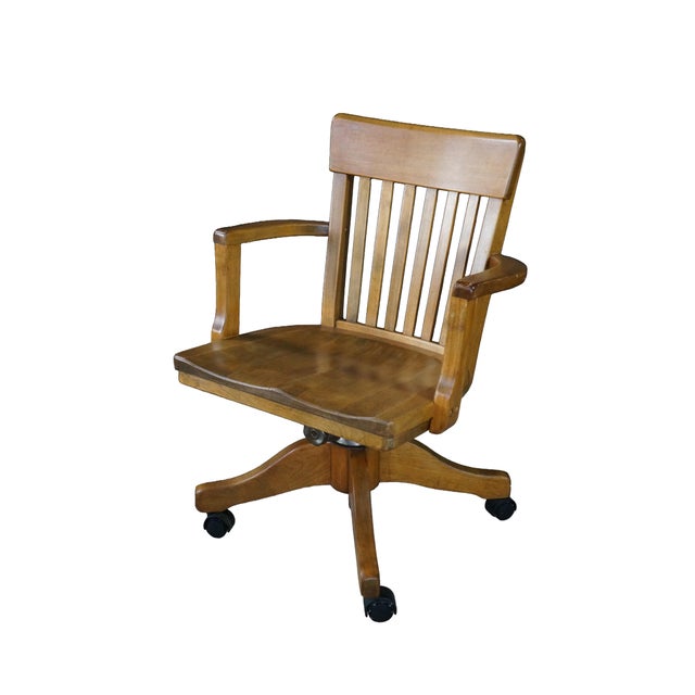Traditional Antique 1920s Arts & Crafts Oak Bankers Desk Swivel Office Arm Chair For Sale - Image 3 of 18