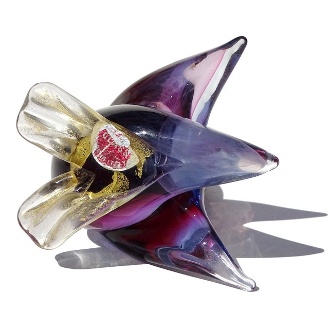 Vintage Murano Sommerso Red Purple Blue Gold Flecks Italian Art Glass Bird Figurine With Original Label For Sale - Image 9 of 10