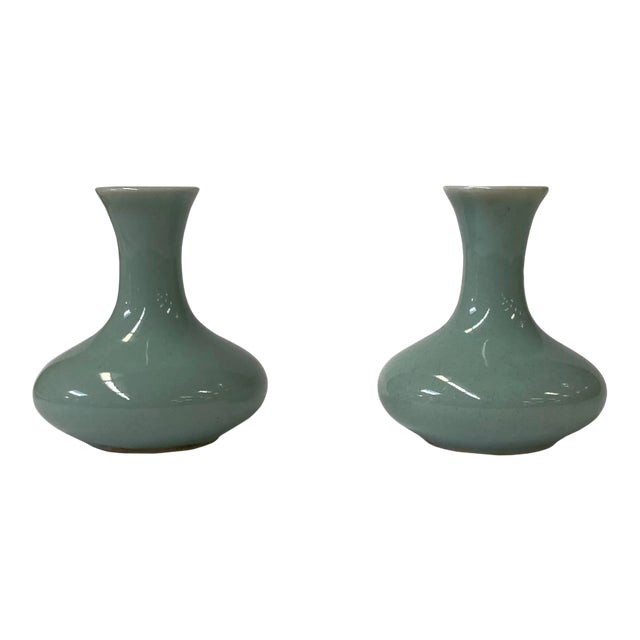 2 X Chinese Clay Ceramic Wu Celadon Green Small Vase Container For Sale