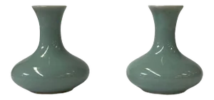 2 X Chinese Clay Ceramic Wu Celadon Green Small Vase Container