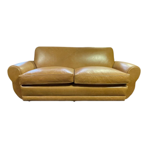 1940s Art Deco Brown Leather Sofa, Newly Upholstered, Usa