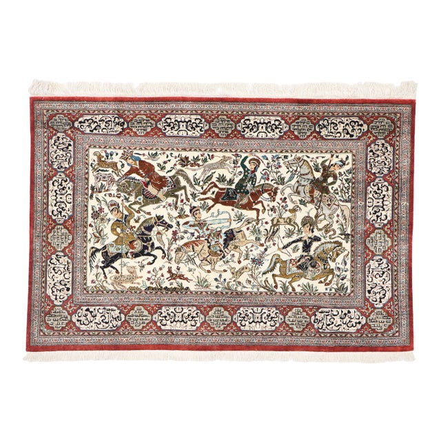 Vintage Persian Silk Qum Hunting Rug - 03'04 X 05'00 For Sale