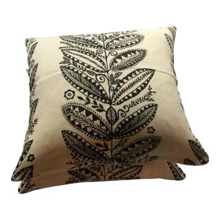 Cream and Black Designer Floral Leaf Patterned Pillow Covers- a Pair For Sale