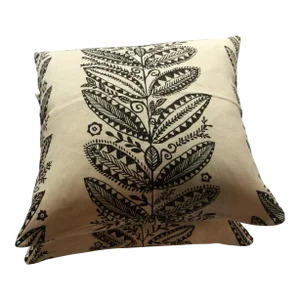 Cream and Black Designer Floral Leaf Patterned Pillow Covers- a Pair